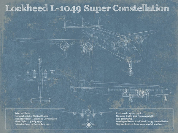 14" x 11" / Unframed Cutler West Lockheed L-1049 Super Constellation Vintage Blueprint Airplane Print