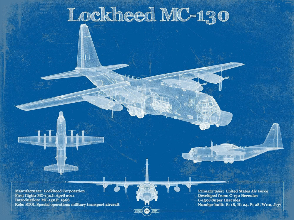 14" x 11" / Stretched Canvas Wrap Cutler West Lockheed MC-130 Vintage Aviation Blueprint Military Print