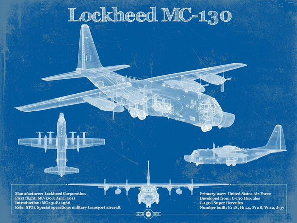 14" x 11" / Unframed Cutler West Lockheed MC-130 Vintage Aviation Blueprint Military Print