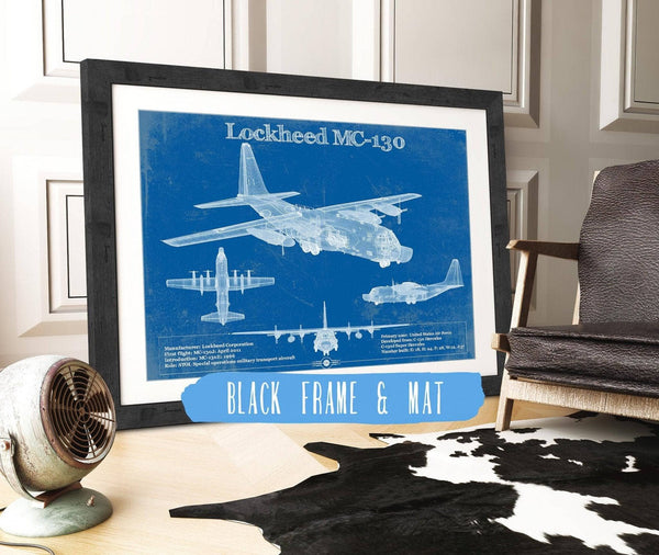 20" x 16" / Black Frame & Mat Cutler West Lockheed MC-130 Vintage Aviation Blueprint Military Print