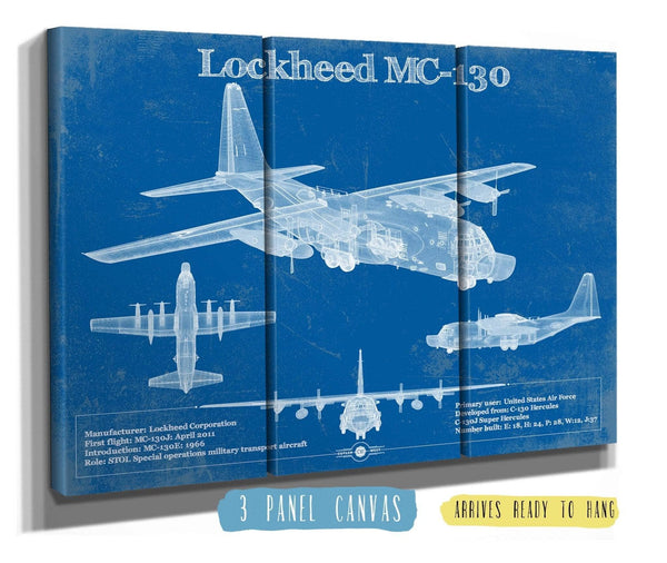 36" x 24" / 3 Panel Canvas Wrap Cutler West Lockheed MC-130 Vintage Aviation Blueprint Military Print