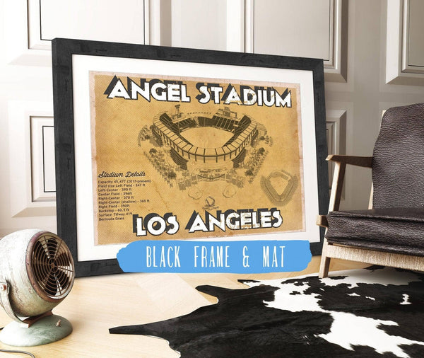 20" x 16" / Black Frame & Mat Cutler West Los Angeles Angels - Angel Stadium Vintage Seating Chart Baseball Print