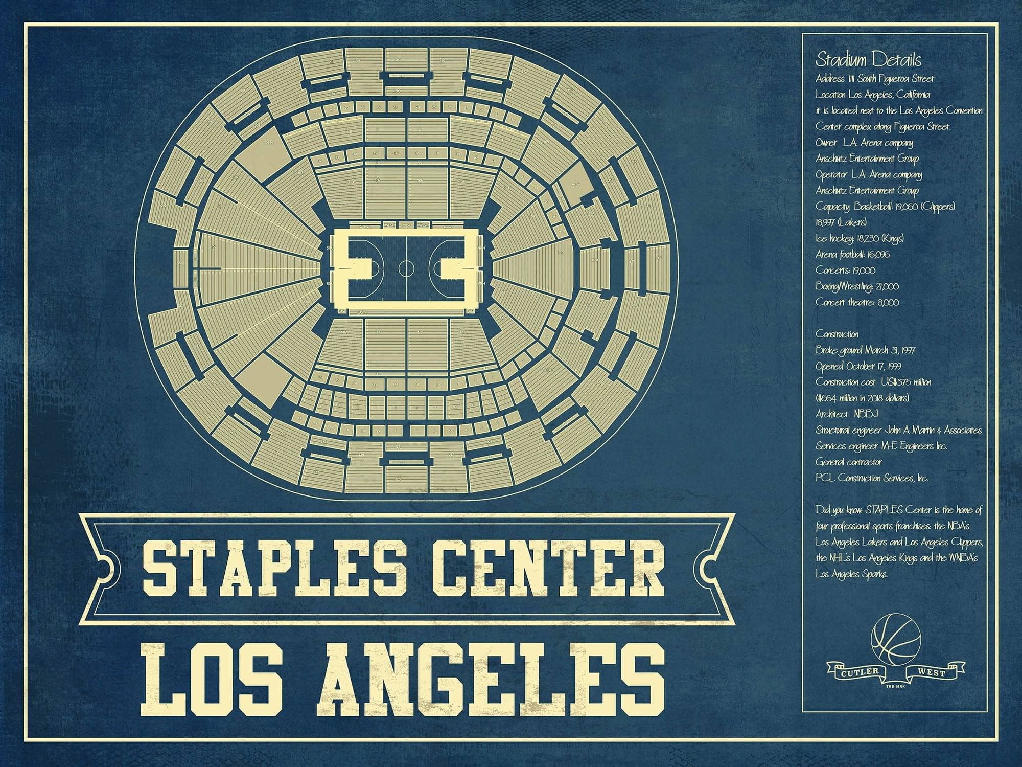 Cutler West Basketball Collection 14" x 11" / Unframed Los Angeles Clippers Staples Center Vintage Basketball Blueprint NBA Print 933350167_76629