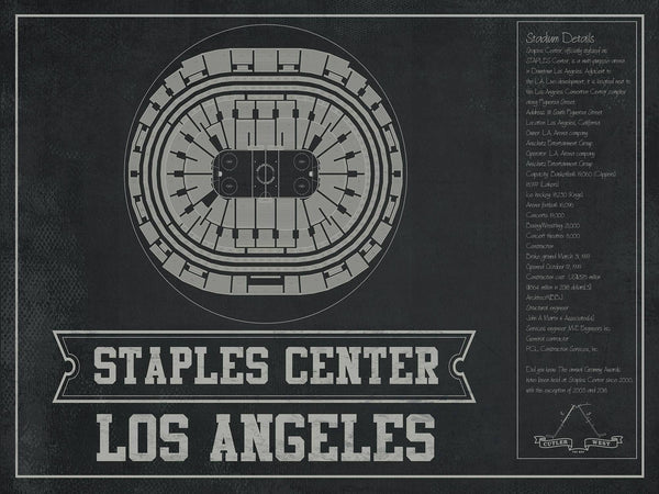 14" x 11" / Unframed Cutler West Los Angeles Kings Team Colors - Staples Center (Crypto.com Arena) Vintage Hockey Blueprint NHL Print