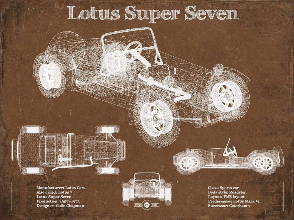 14" x 11" / Stretched Canvas Wrap Cutler West Lotus Super Seven Blueprint Vintage Auto Print