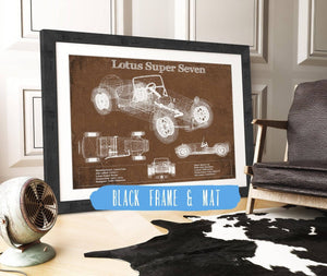 20" x 16" / Black Frame & Mat Cutler West Lotus Super Seven Blueprint Vintage Auto Print