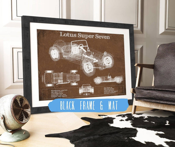 20" x 16" / Black Frame & Mat Cutler West Lotus Super Seven Blueprint Vintage Auto Print