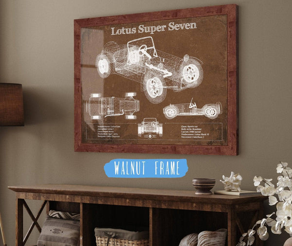 20" x 16" / Walnut Frame Cutler West Lotus Super Seven Blueprint Vintage Auto Print