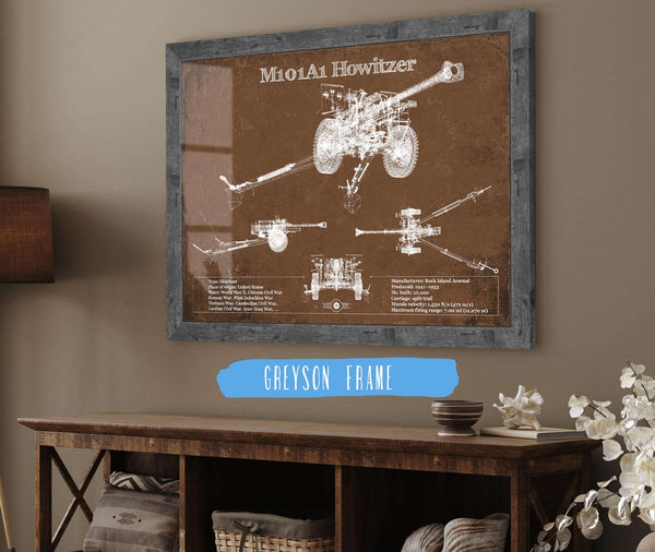 14" x 11" / Greyson Frame Cutler West M101A1 Howitzer Blueprint Vintage Military Print