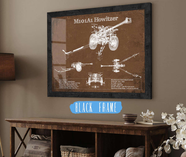 20" x 16" / Black Frame Cutler West M101A1 Howitzer Blueprint Vintage Military Print