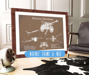 20" x 16" / Walnut Frame & Mat Cutler West M101A1 Howitzer Blueprint Vintage Military Print