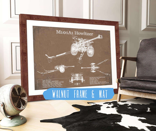 20" x 16" / Walnut Frame & Mat Cutler West M101A1 Howitzer Blueprint Vintage Military Print