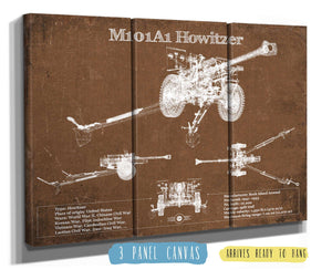 36" x 24" / 3 Panel Canvas Wrap Cutler West M101A1 Howitzer Blueprint Vintage Military Print