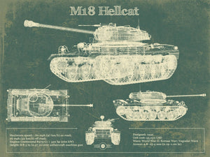 14" x 11" / Unframed Cutler West M18 Hellcat Army Color Vintage Blueprint Print