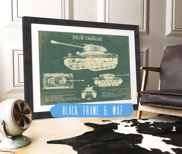 20" x 16" / Black Frame & Mat Cutler West M18 Hellcat Army Color Vintage Blueprint Print