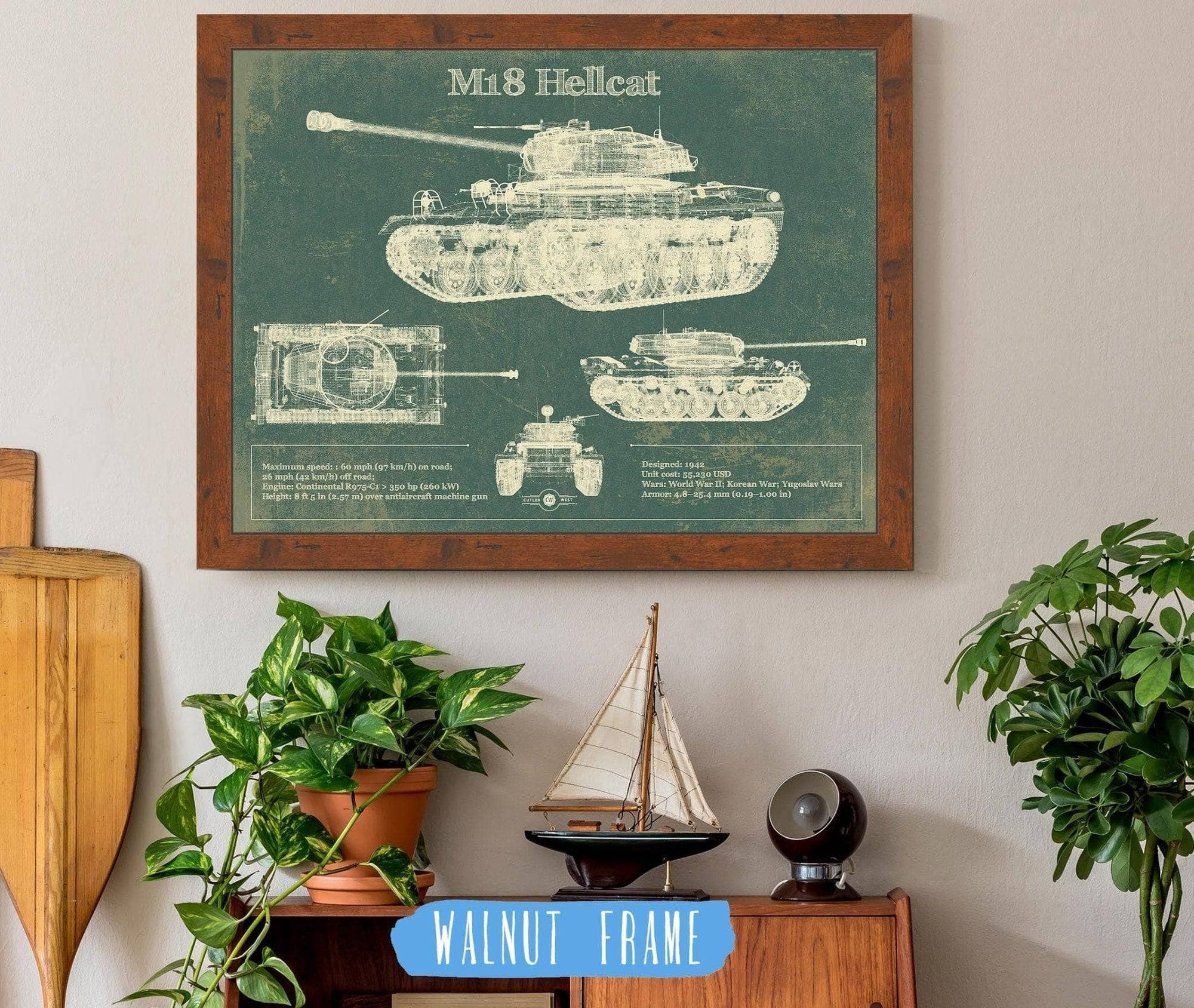Cutler West Military Weapons Collection 14" x 11" / Walnut Frame M18 Hellcat Army Color Vintage Blueprint Print 845000225_64711