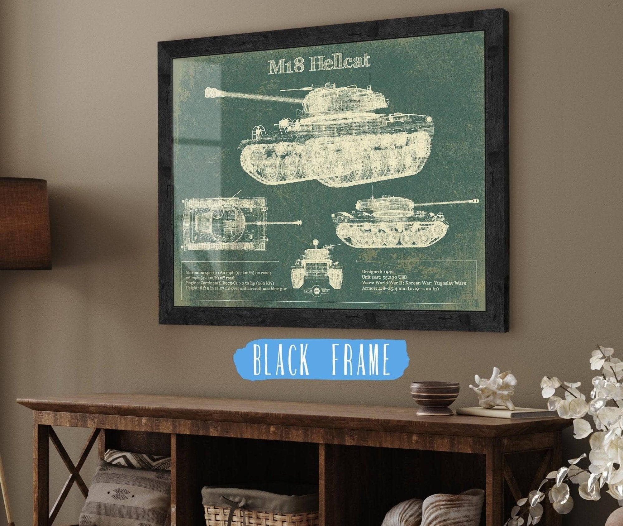 Cutler West Military Weapons Collection 14" x 11" / Black Frame M18 Hellcat Army Color Vintage Blueprint Print 845000225_64709