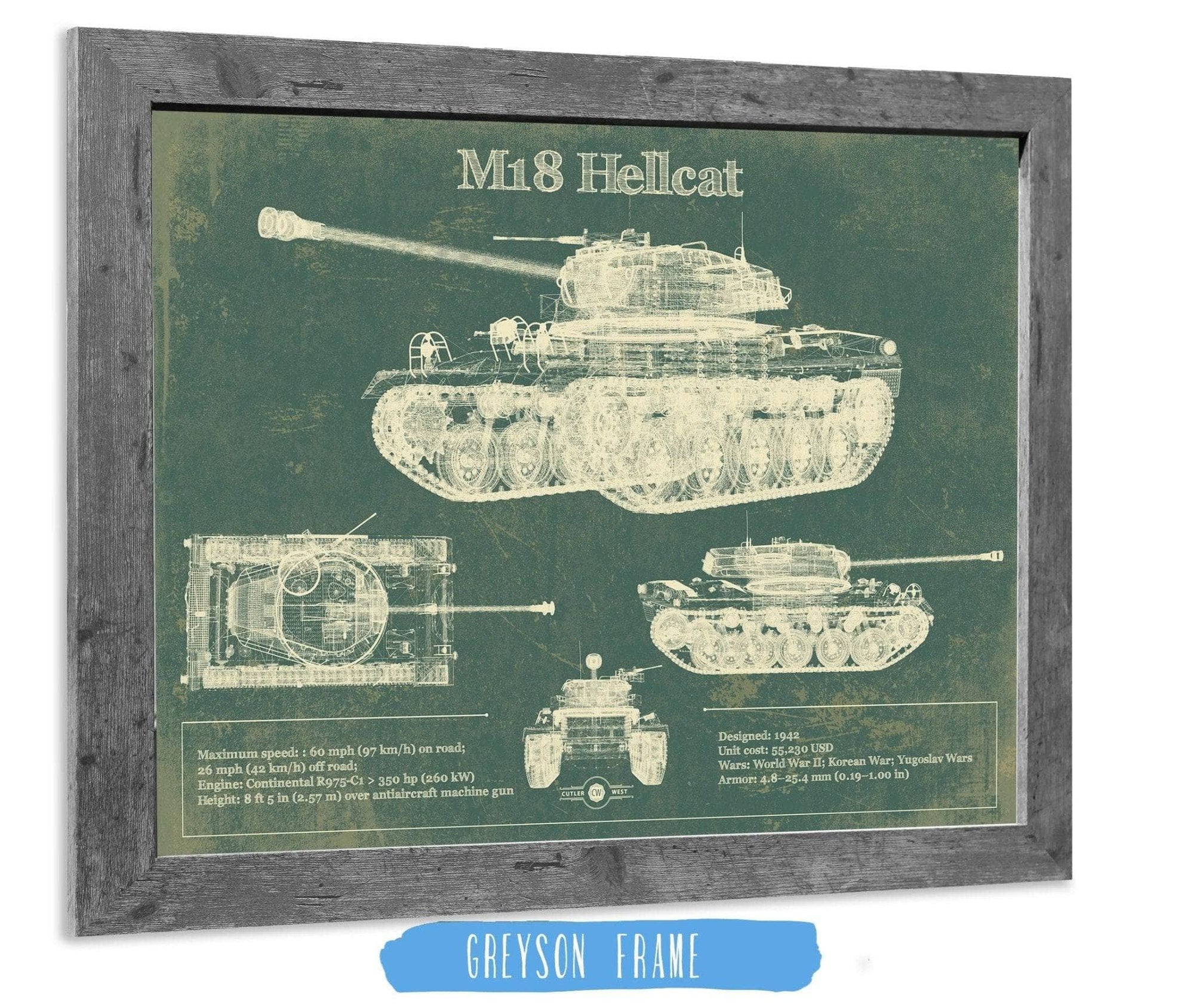 Cutler West Military Weapons Collection 14" x 11" / Greyson Frame M18 Hellcat Army Color Vintage Blueprint Print 845000225_64715