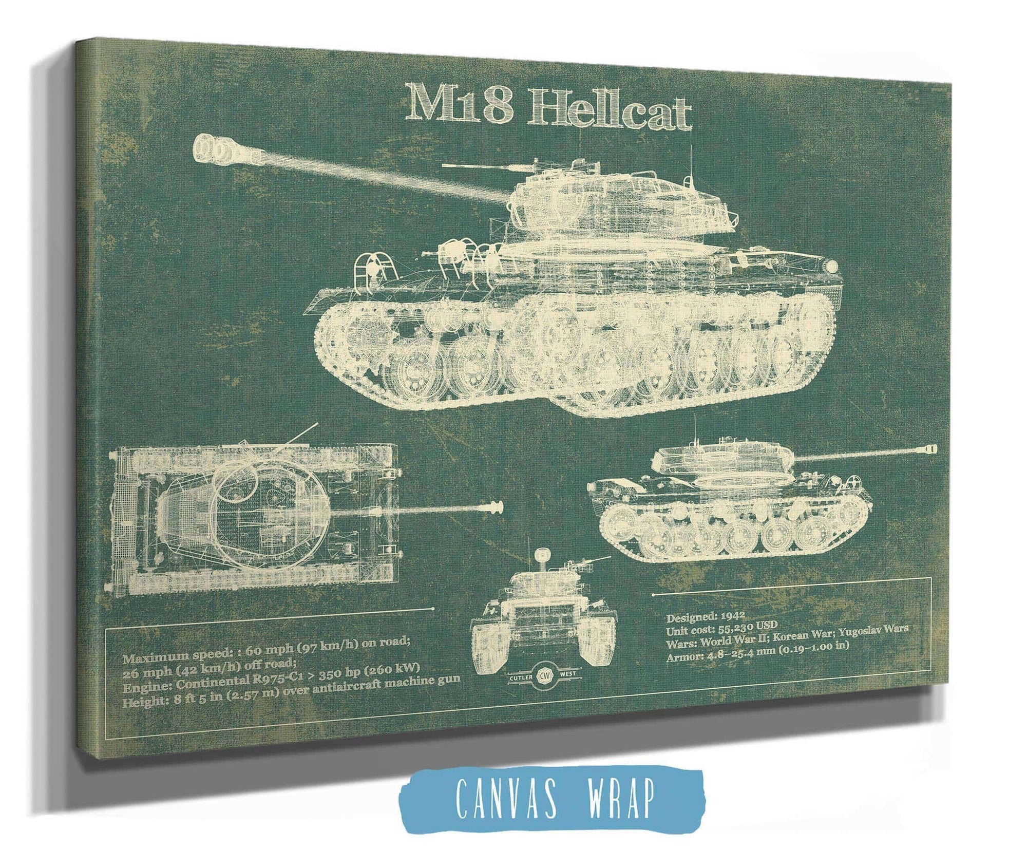 Cutler West Military Weapons Collection M18 Hellcat Army Color Vintage Blueprint Print