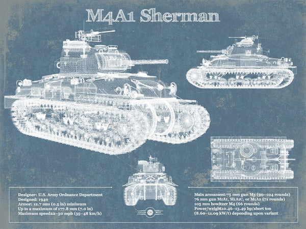 14" x 11" / Unframed Cutler West M4A1 Sherman Tank Vintage Blueprint Print