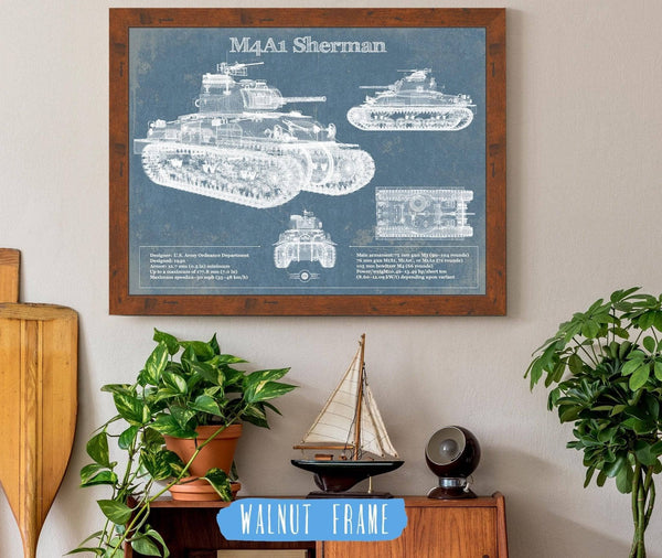 20" x 16" / Walnut Frame Cutler West M4A1 Sherman Tank Vintage Blueprint Print
