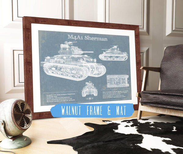 20" x 16" / Walnut Frame & Mat Cutler West M4A1 Sherman Tank Vintage Blueprint Print