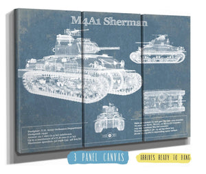 36" x 24" / 3 Panel Canvas Wrap Cutler West M4A1 Sherman Tank Vintage Blueprint Print