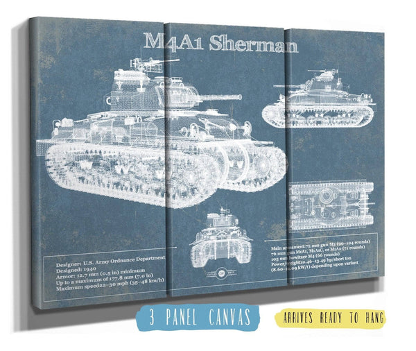36" x 24" / 3 Panel Canvas Wrap Cutler West M4A1 Sherman Tank Vintage Blueprint Print