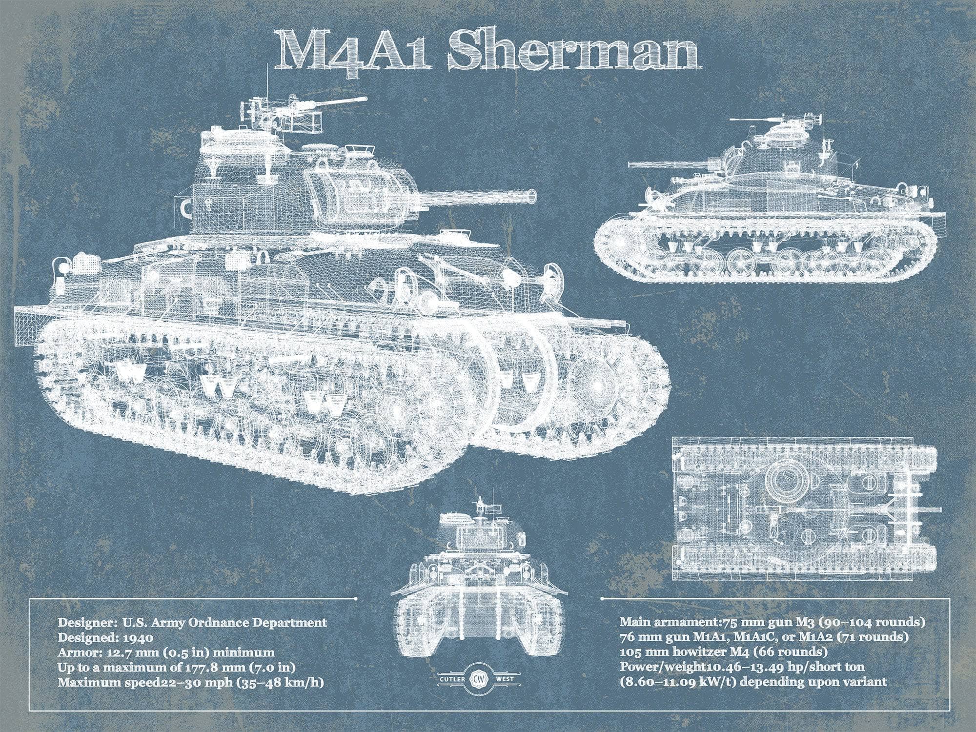 Cutler West Military Weapons Collection 14" x 11" / Unframed M4A1 Sherman Tank Vintage Blueprint Print 845000241_15764