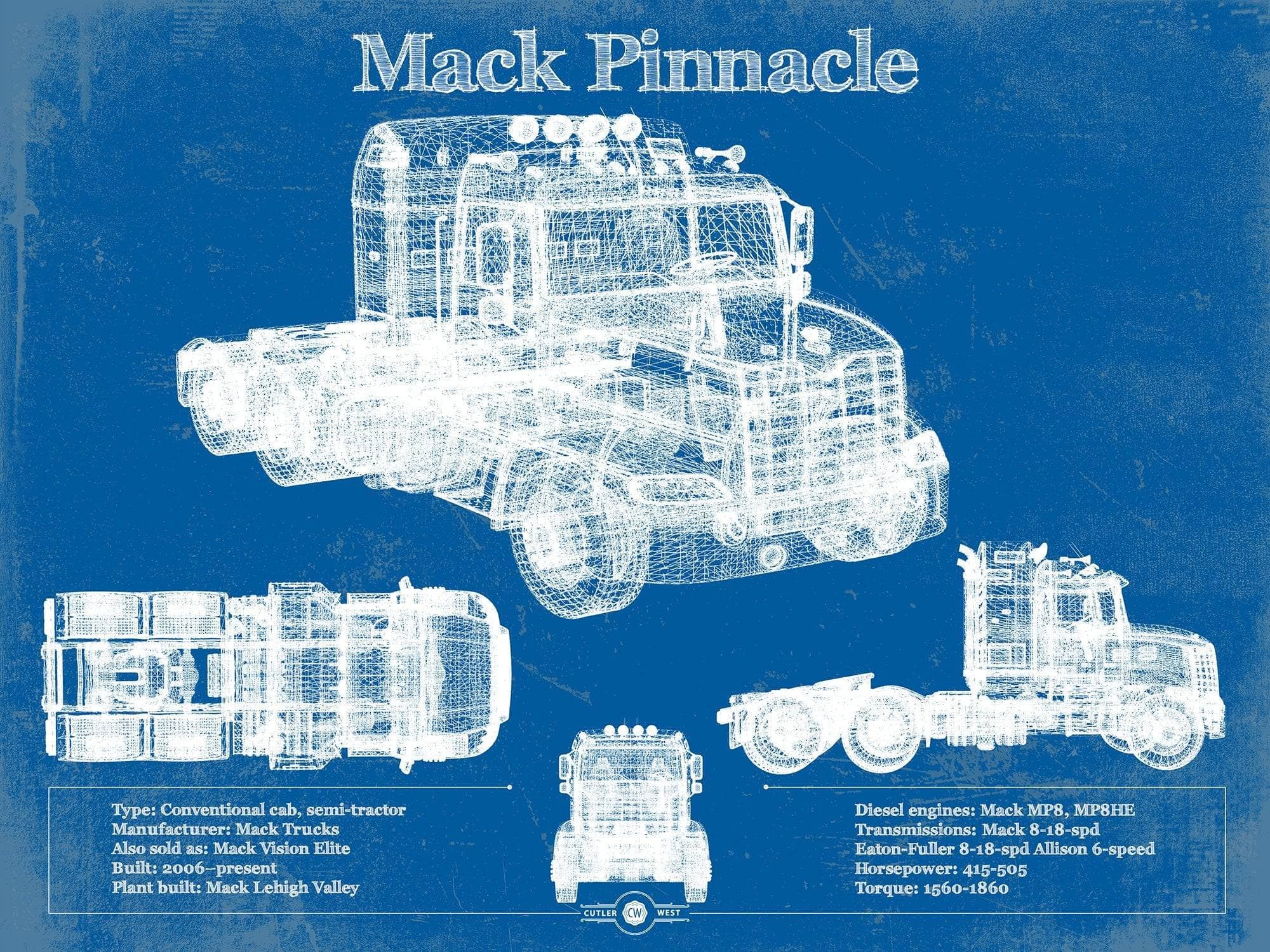 Mack Pinnacle Blueprint Vintage Truck Art by Cutler West