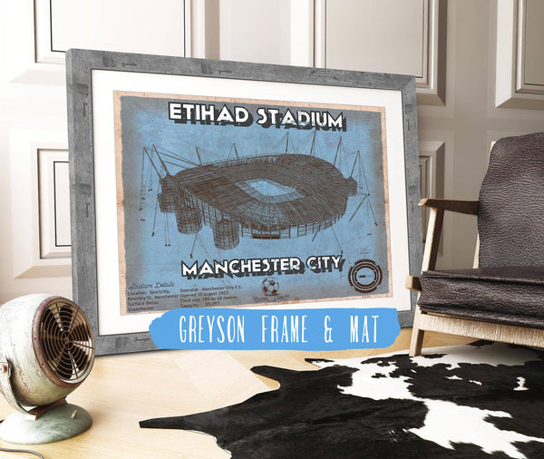 14" x 11" / Greyson Frame & Mat Cutler West Manchester City FC- Etihad Stadium Soccer Dark Blue Print
