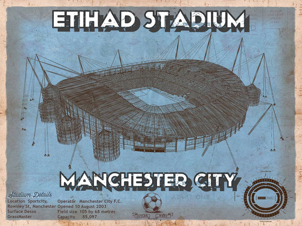 14" x 11" / Unframed Cutler West Manchester City FC- Etihad Stadium Soccer Dark Blue Print