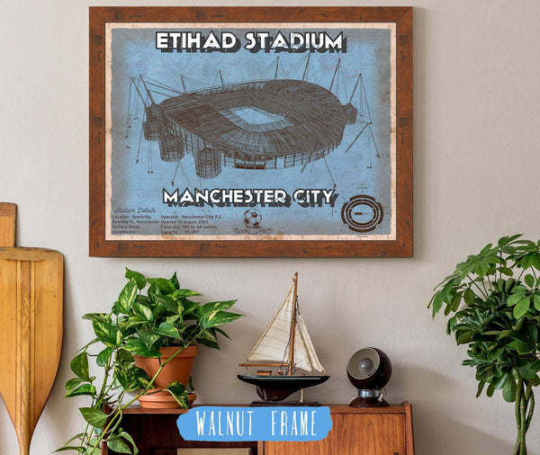 20" x 16" / Walnut Frame Cutler West Manchester City FC- Etihad Stadium Soccer Dark Blue Print