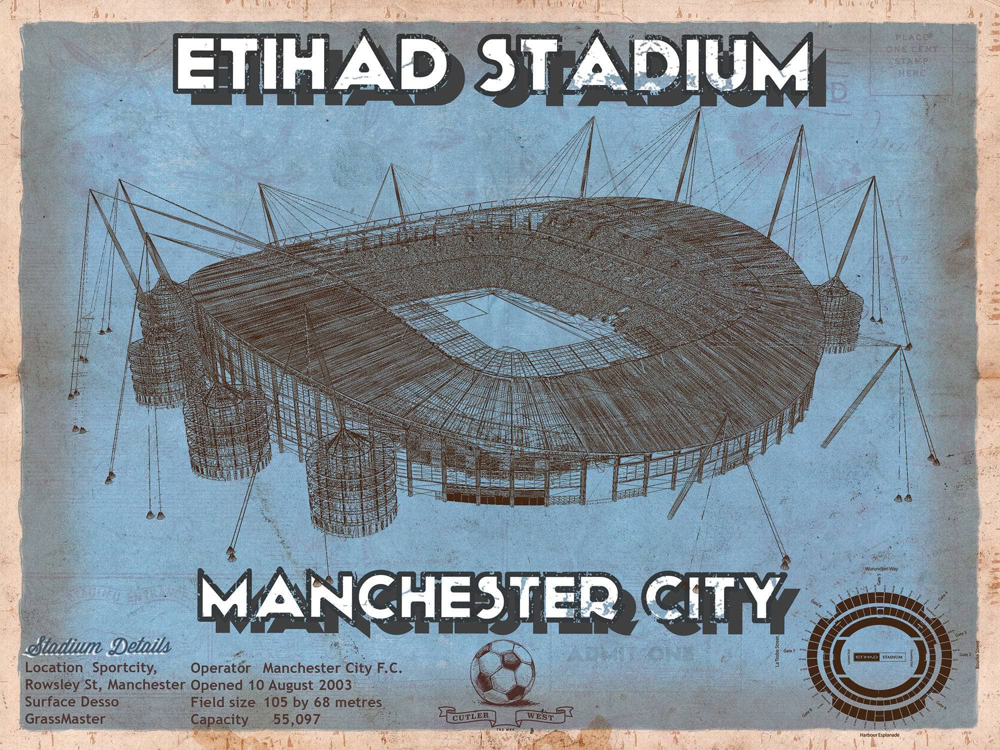 Cutler West Soccer Collection 14" x 11" / Unframed Manchester City FC- Etihad Stadium Soccer Dark Blue Print 235353074