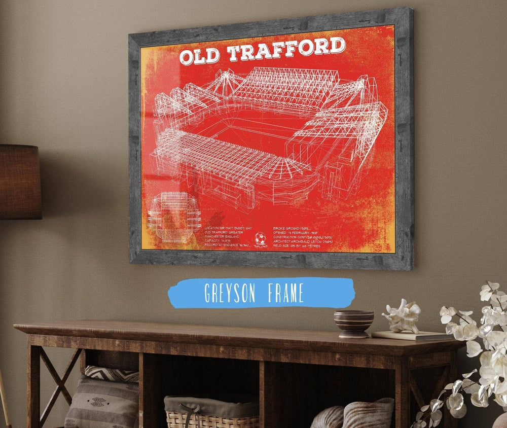 14" x 11" / Stretched Canvas Wrap Cutler West Manchester United F.C. (MU Red Devil) - Old Trafford Stadium Team Color Blueprint Vintage Soccer Print