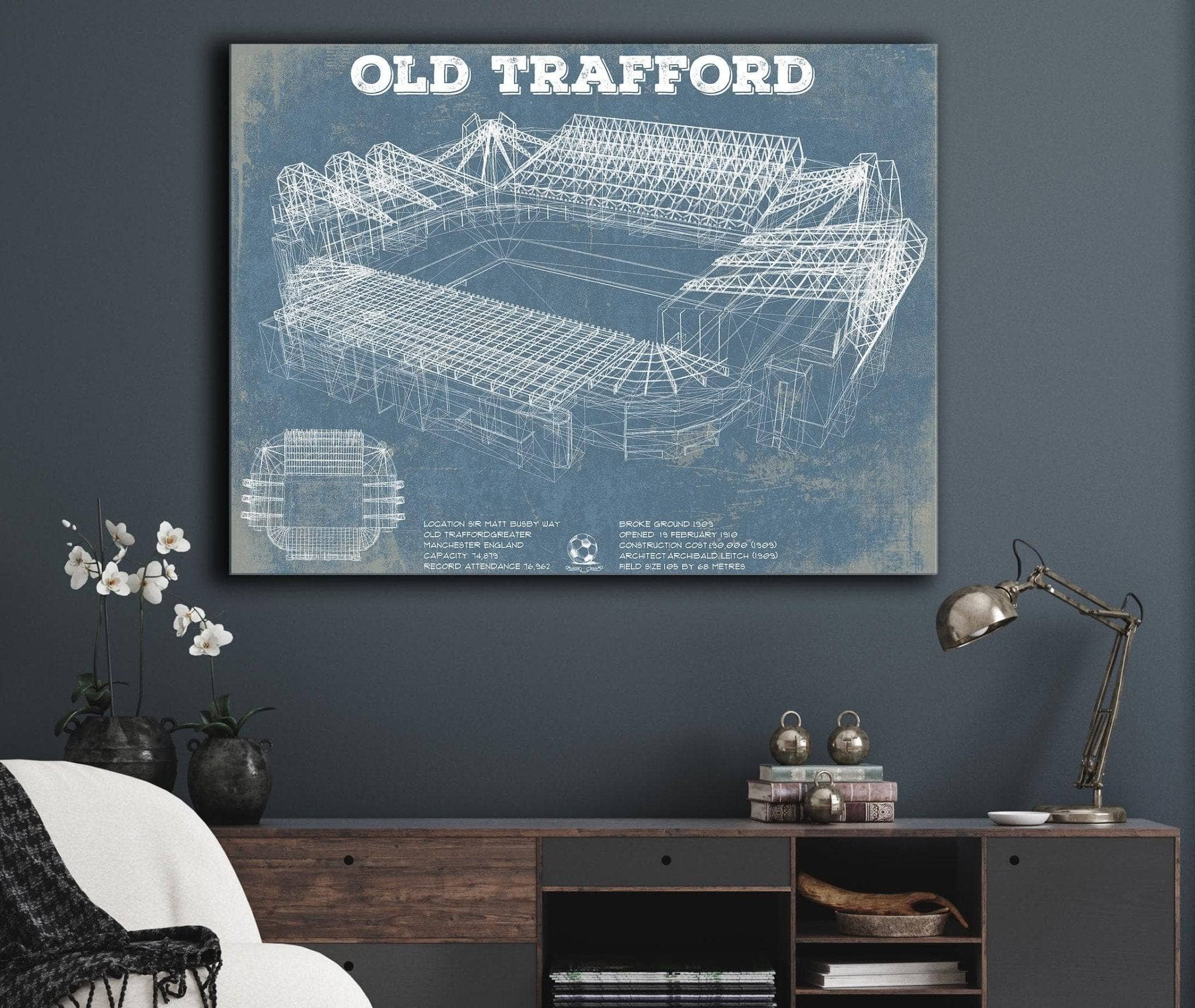 Manchester United FC - Old Trafford Stadium Blueprint Vintage Soccer Art By Cutler West