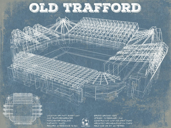 14" x 11" / Unframed Cutler West Manchester United F.C. - Old Trafford Stadium Blueprint Vintage Soccer Print
