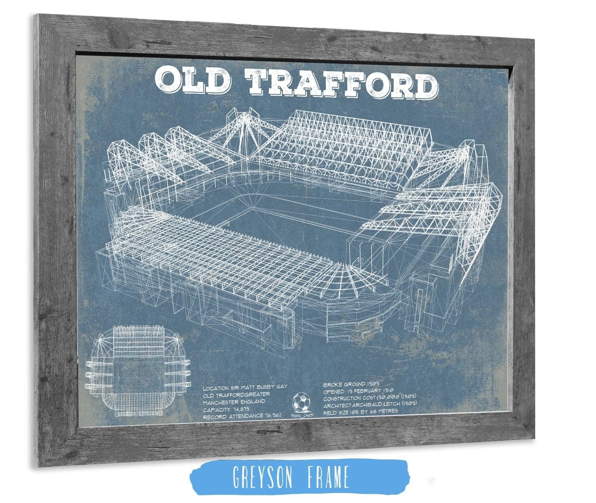Cutler West Soccer Collection 14" x 11" / Greyson Frame Manchester United F.C. - Old Trafford Stadium Blueprint Vintage Soccer Print 692373685-TOP