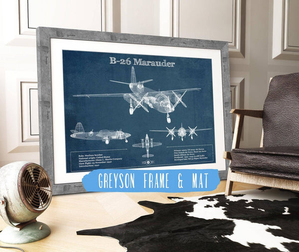 14" x 11" / Greyson Frame & Mat Cutler West Martin B-26 Marauder - Medium Bomber Vintage Aviation Blueprint Print