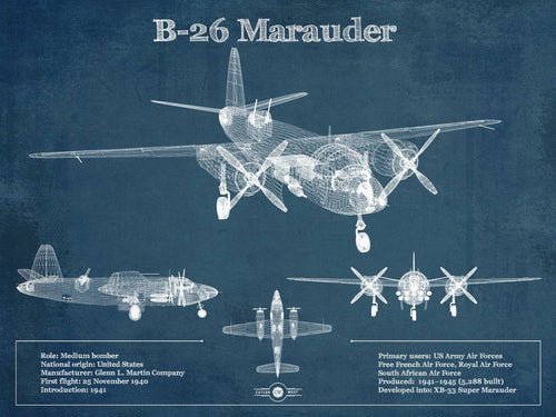 14" x 11" / Unframed Cutler West Martin B-26 Marauder - Medium Bomber Vintage Aviation Blueprint Print