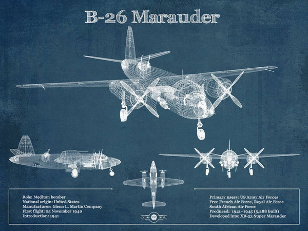 14" x 11" / Unframed Cutler West Martin B-26 Marauder - Medium Bomber Vintage Aviation Blueprint Print