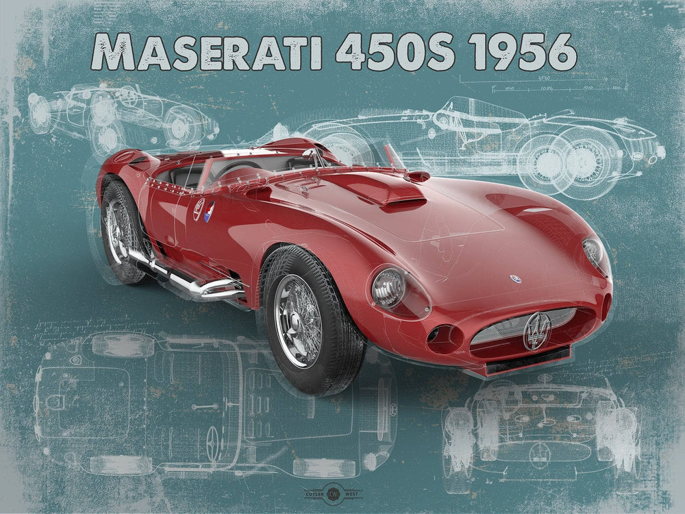 14" x 11" / Stretched Canvas Wrap Cutler West Maserati 450s 1956 Original Vintage Car Blueprint
