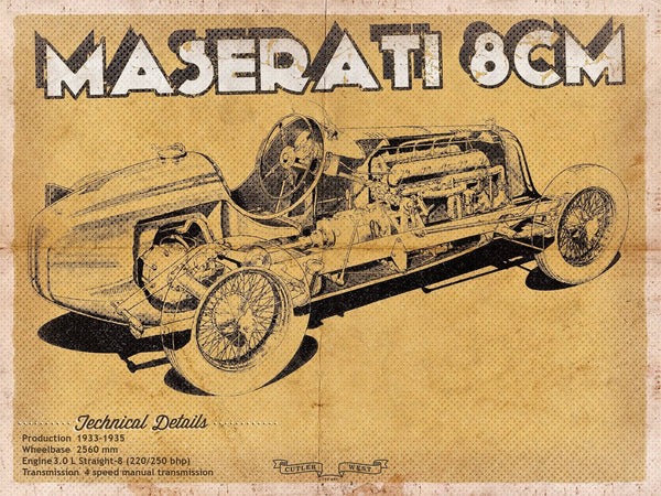 14" x 11" / Unframed Cutler West Maserati 8CM Racing Sports Car Print