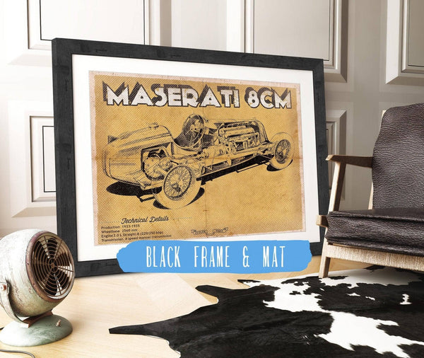 20" x 16" / Black Frame & Mat Cutler West Maserati 8CM Racing Sports Car Print