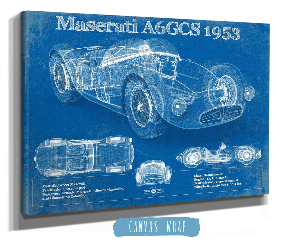 14" x 11" / Stretched Canvas Wrap Cutler West Maserati A6GCS 1953 Original Vintage Car Blueprint