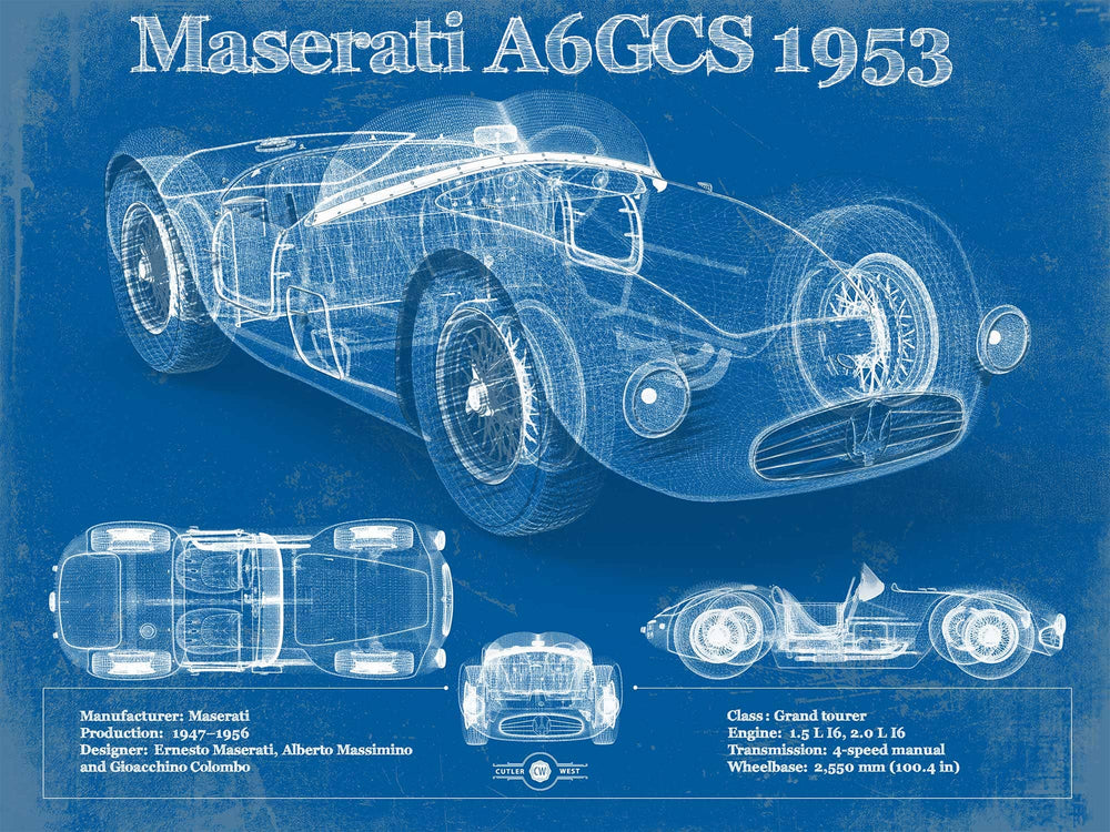 14" x 11" / Stretched Canvas Wrap Cutler West Maserati A6GCS 1953 Original Vintage Car Blueprint