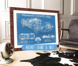 20" x 16" / Walnut Frame & Mat Cutler West Maserati A6GCS 1953 Original Vintage Car Blueprint