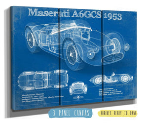 36" x 24" / 3 Panel Canvas Wrap Cutler West Maserati A6GCS 1953 Original Vintage Car Blueprint