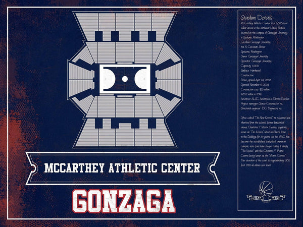 14" x 11" / Unframed Cutler West McCarthey Athletic Center Gonzaga Bulldogs Team Colors Vintage Basketball Blueprint