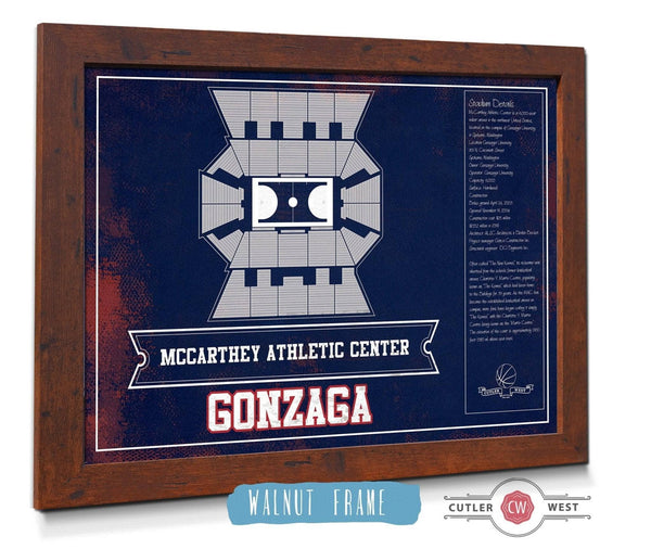 20" x 16" / Walnut Frame Cutler West McCarthey Athletic Center Gonzaga Bulldogs Team Colors Vintage Basketball Blueprint